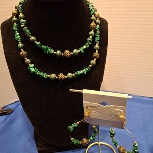 Malachite Natural Green Stone and Gold Beaded Jewelry Set